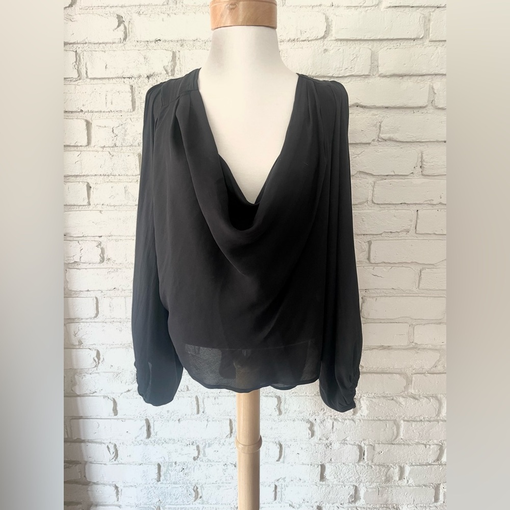 Free People Black Plunging Neckline Sheer Top with Bell Sleeves